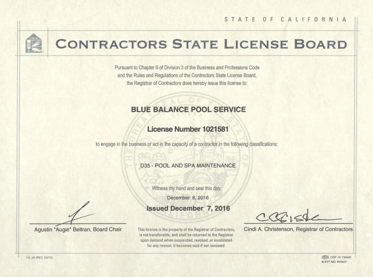California Contractors State License Board Certificate